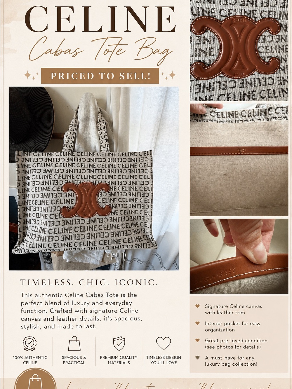 Celine Cabas Tote in Cream Canvas with Brown Leather Trim